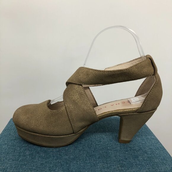 Sacha London Gold Metal Ventura cross strap round toe Heels size 6.5 - Picture 12 of 15